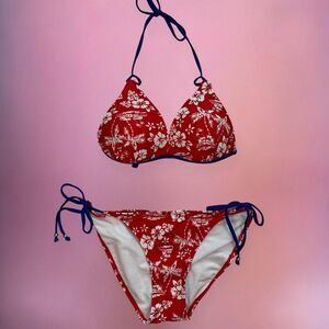 Y2K style red and blue padded push up bikini with white floral hibiscus pattern
